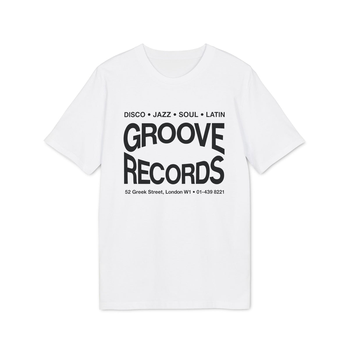 A white short-sleeved t-shirt with black text on the chest that reads GROOVE RECORDS.