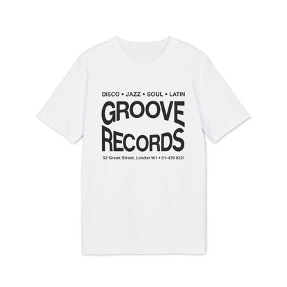 A white short-sleeved t-shirt with black text on the chest that reads GROOVE RECORDS.