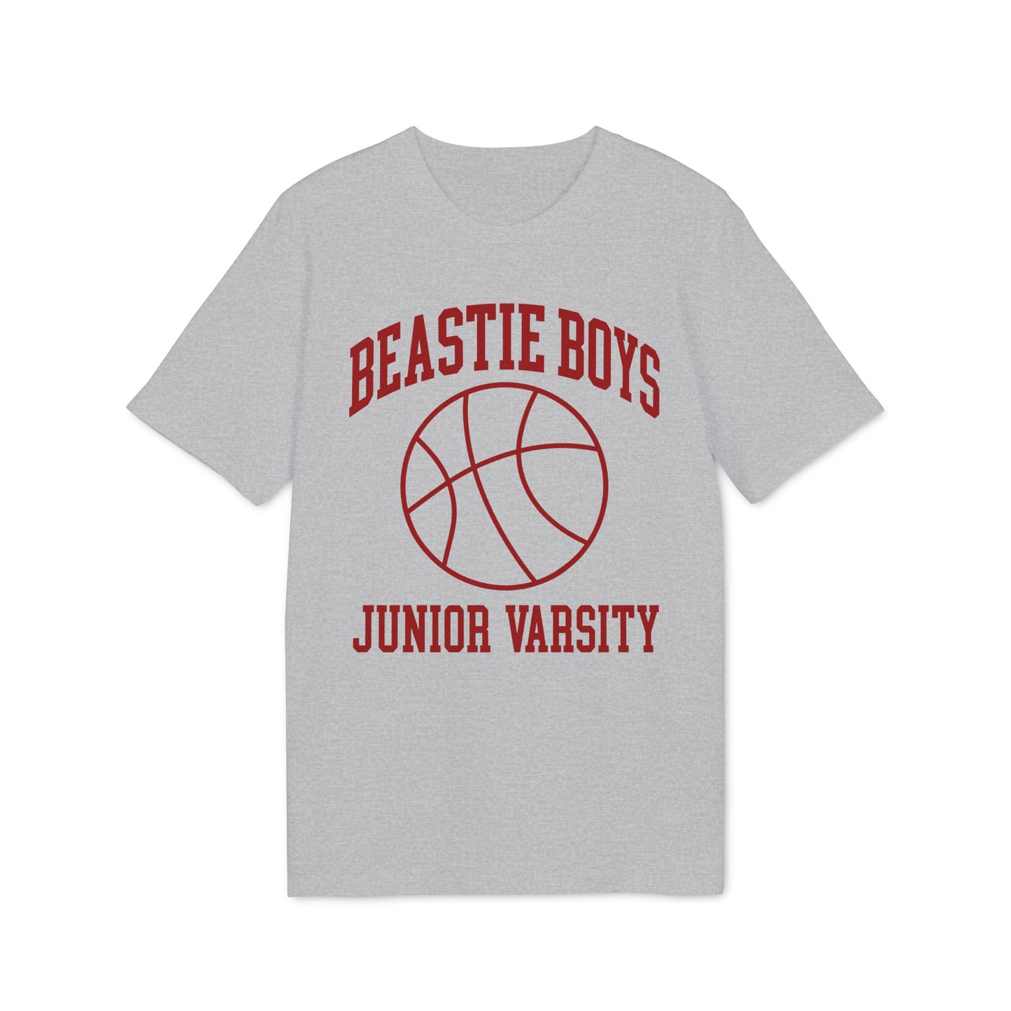 Grey t-shirt with red "Beastie Boys Junior Varsity" text and basketball graphic.