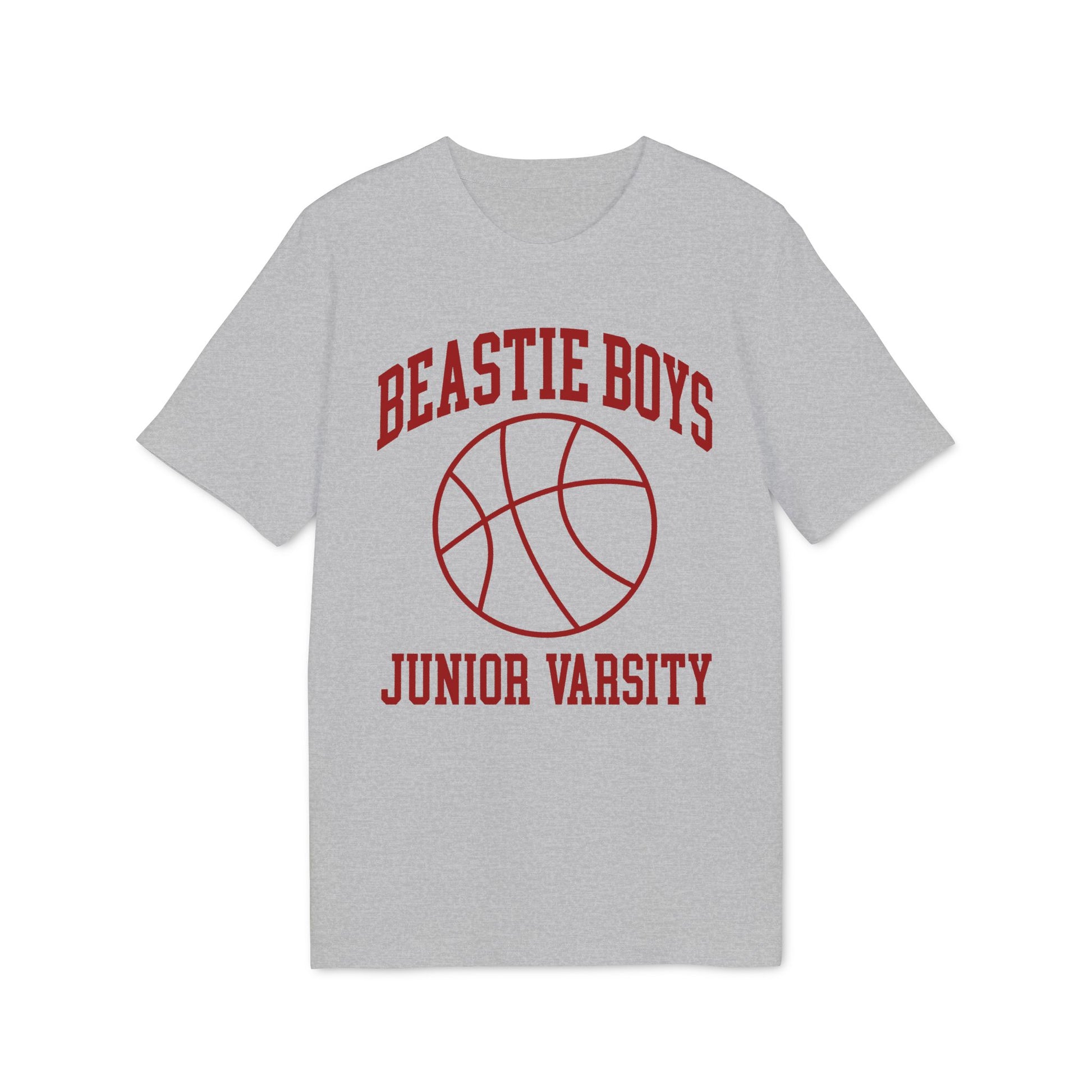 Grey t-shirt with red "Beastie Boys Junior Varsity" text and basketball graphic.