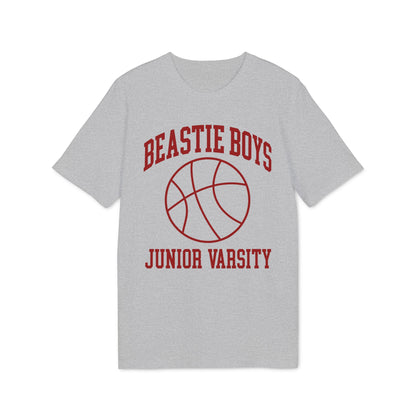 Grey t-shirt with red "Beastie Boys Junior Varsity" text and basketball graphic.