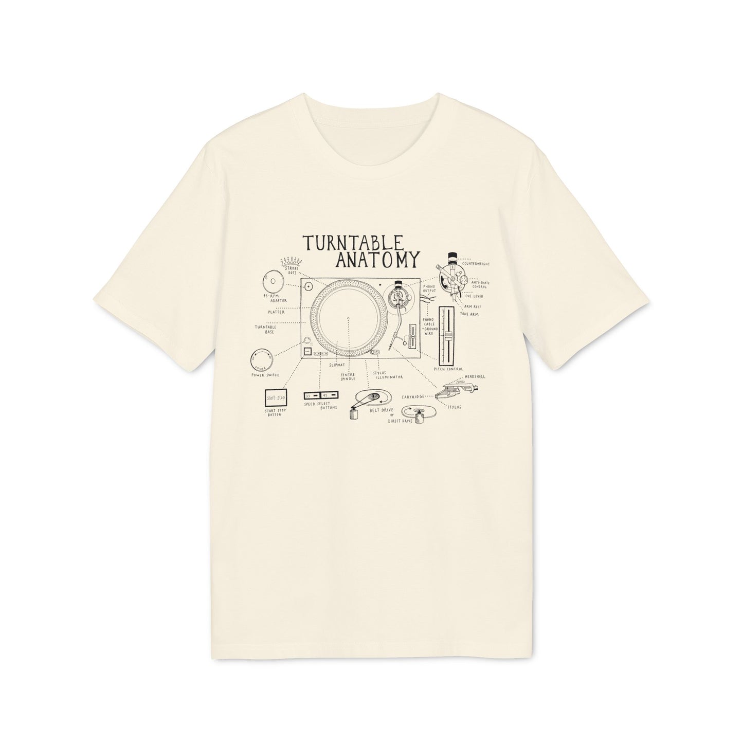 Cream t-shirt with "Turntable Anatomy" schematic and labeled parts.