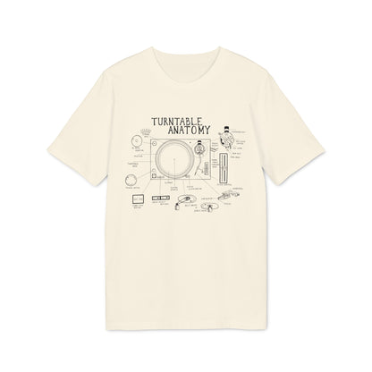 Cream t-shirt with "Turntable Anatomy" schematic and labeled parts.