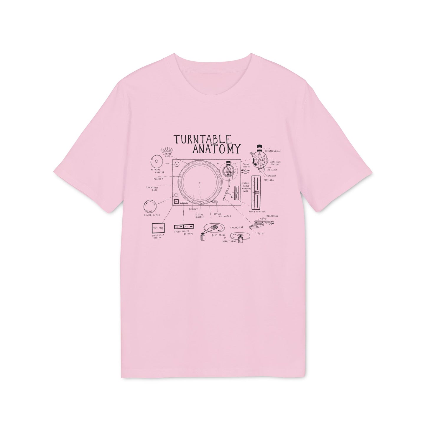 Pink t-shirt with black line drawing of turntable anatomy and component labels.