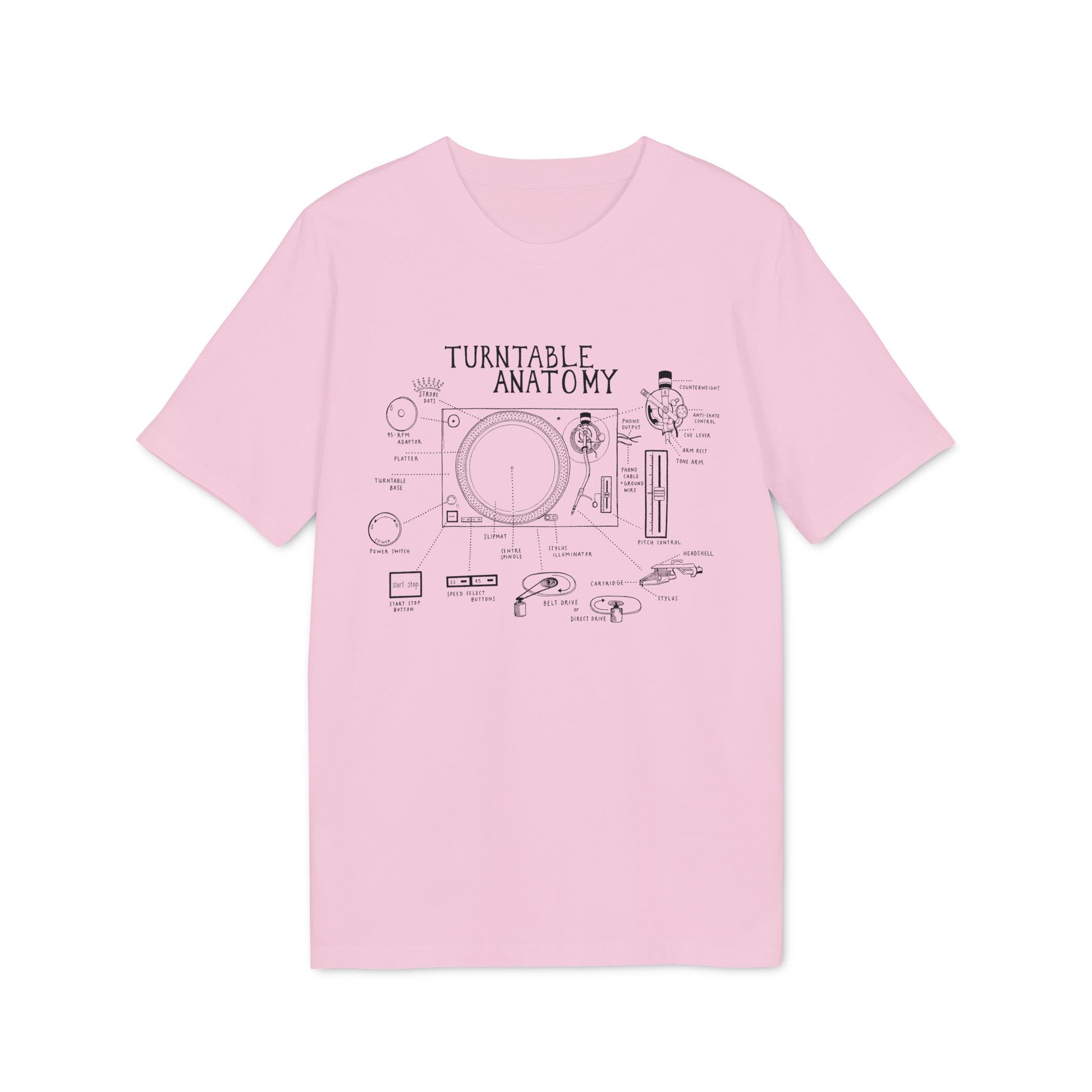 Pink t-shirt with black line drawing of turntable anatomy and component labels.