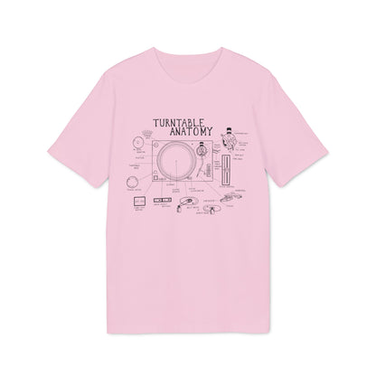 Pink t-shirt with black line drawing of turntable anatomy and component labels.