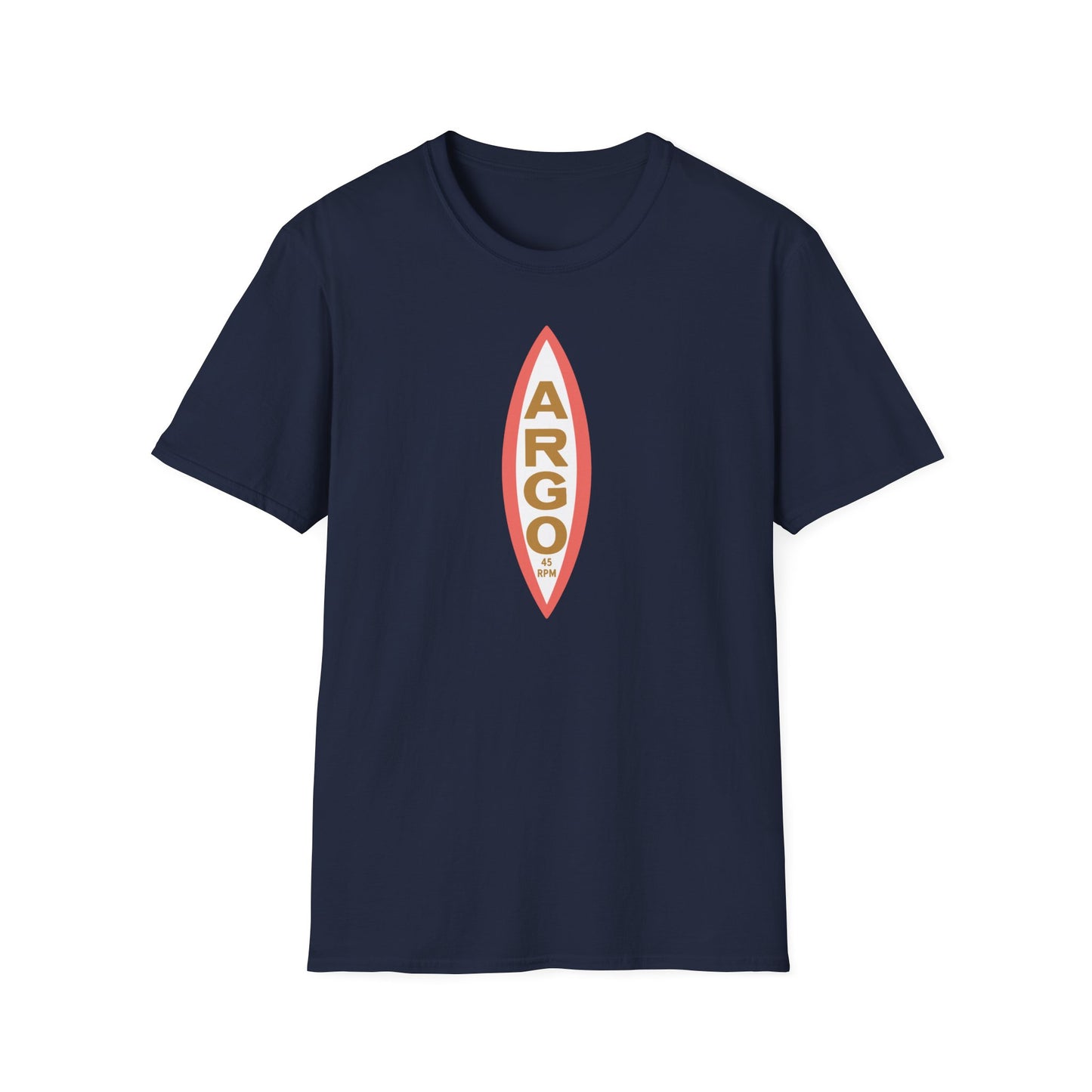 Navy t-shirt with a vertical oval graphic reading "ARGO 45 RPM".