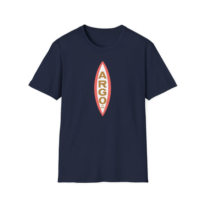 Navy t-shirt with a vertical oval graphic reading "ARGO 45 RPM".