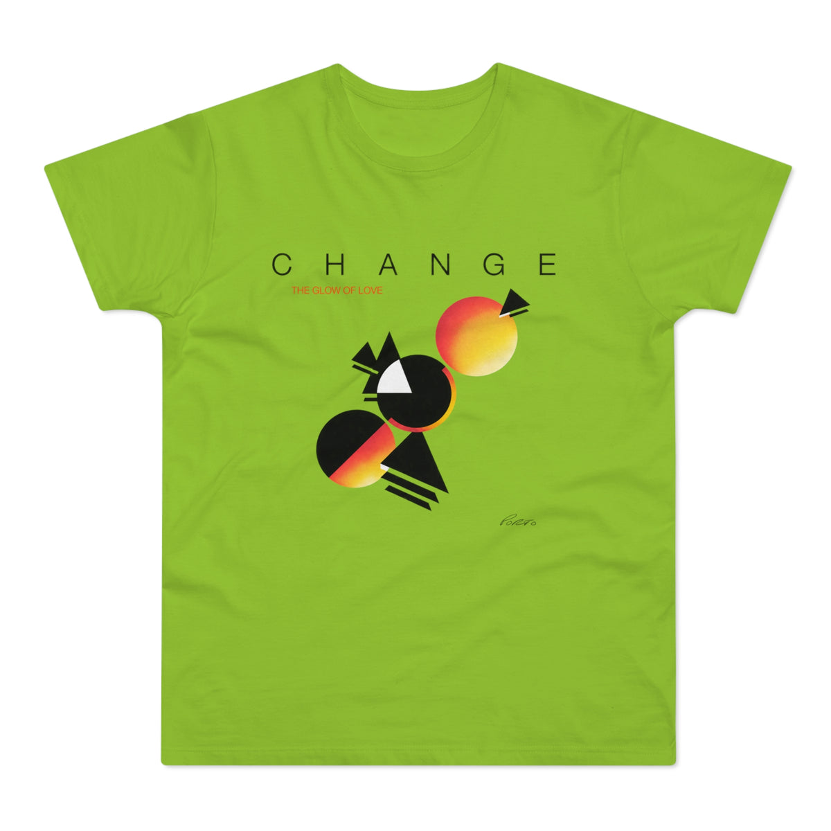 Green t-shirt with "CHANGE" and abstract geometric art.