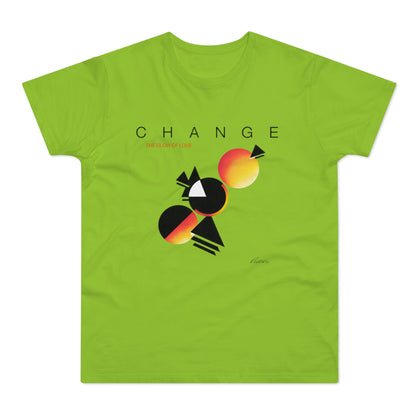 Green t-shirt with "CHANGE" and abstract geometric art.