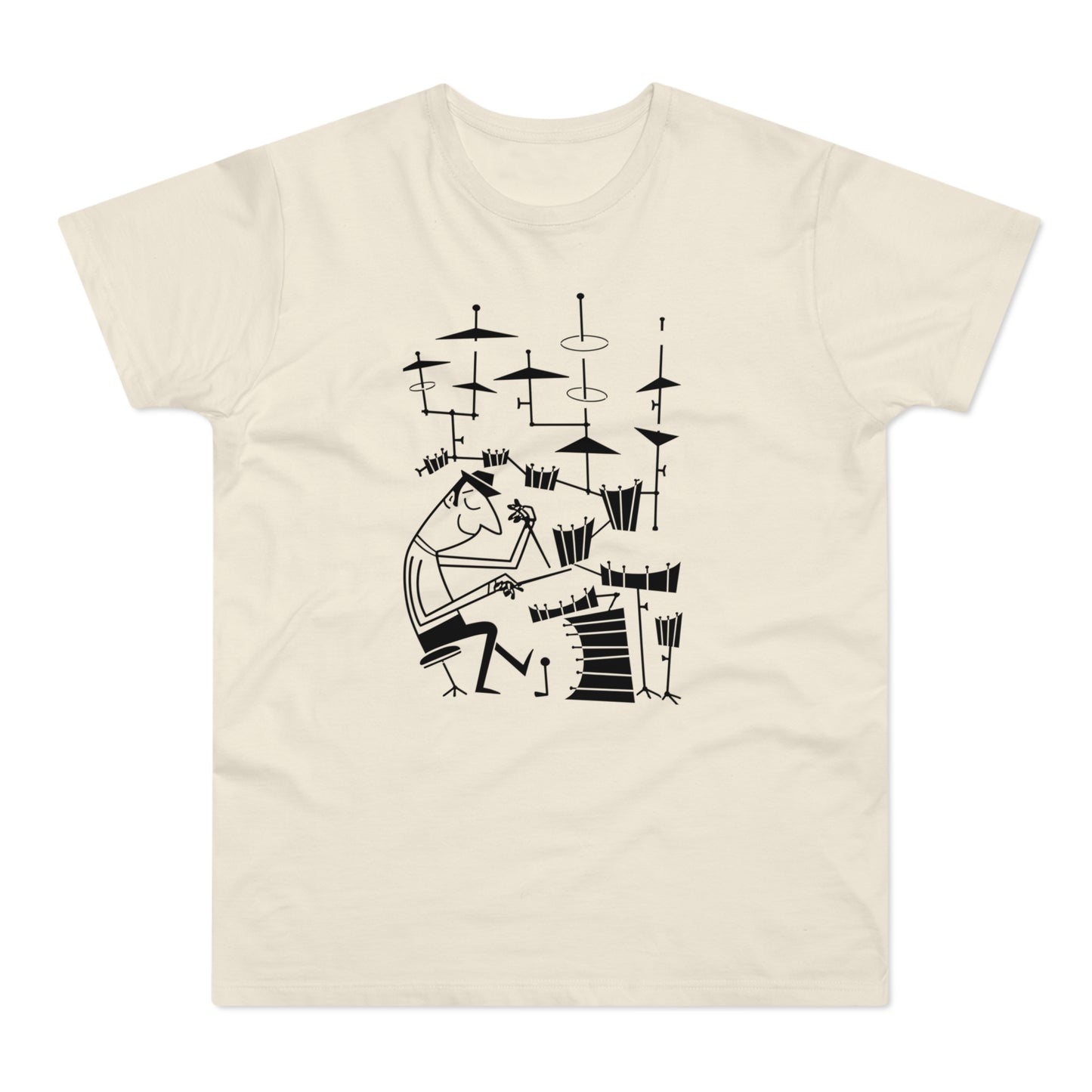 Black line drawing on a cream t-shirt of a man playing a drum set.