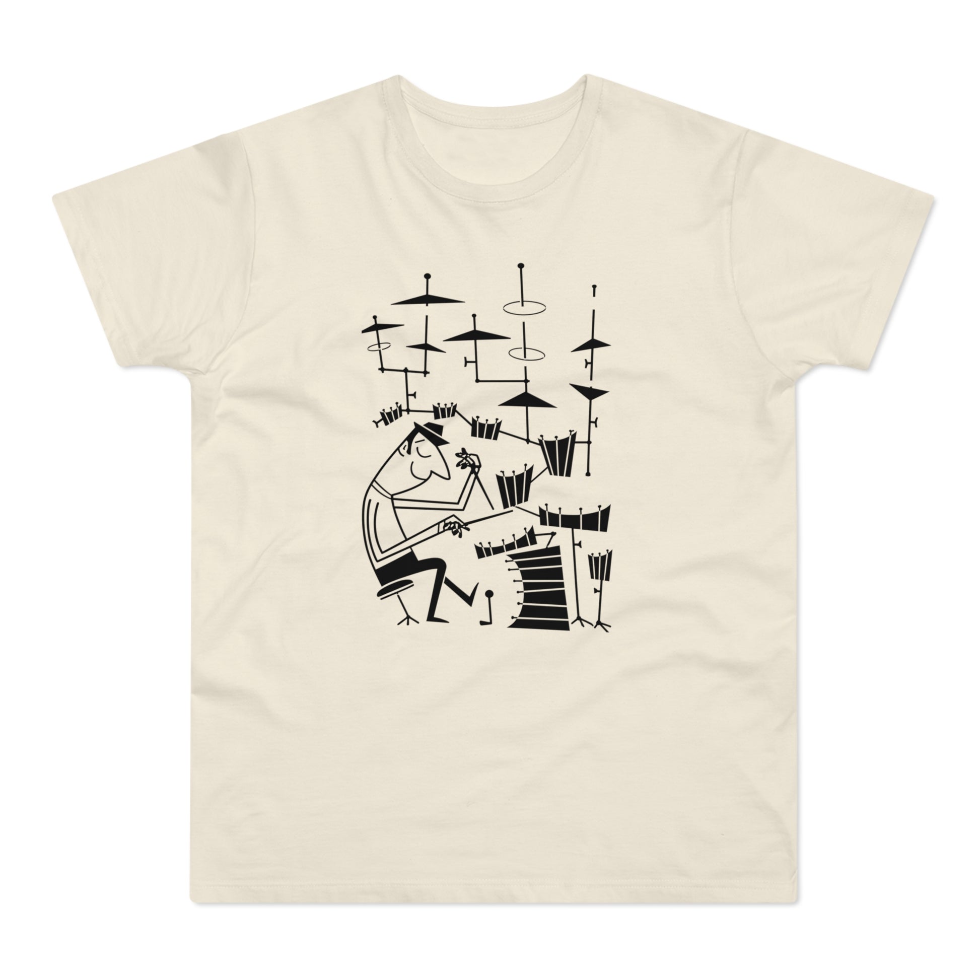 Black line drawing on a cream t-shirt of a man playing a drum set.