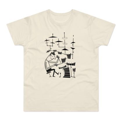 Black line drawing on a cream t-shirt of a man playing a drum set.