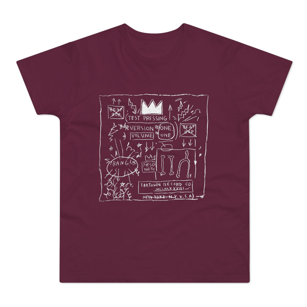 Maroon t-shirt with white line drawing of text and symbols including crown, "Test Pressing," and "Tartown Record Co."