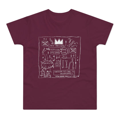 Maroon t-shirt with white line drawing of text and symbols including crown, "Test Pressing," and "Tartown Record Co."