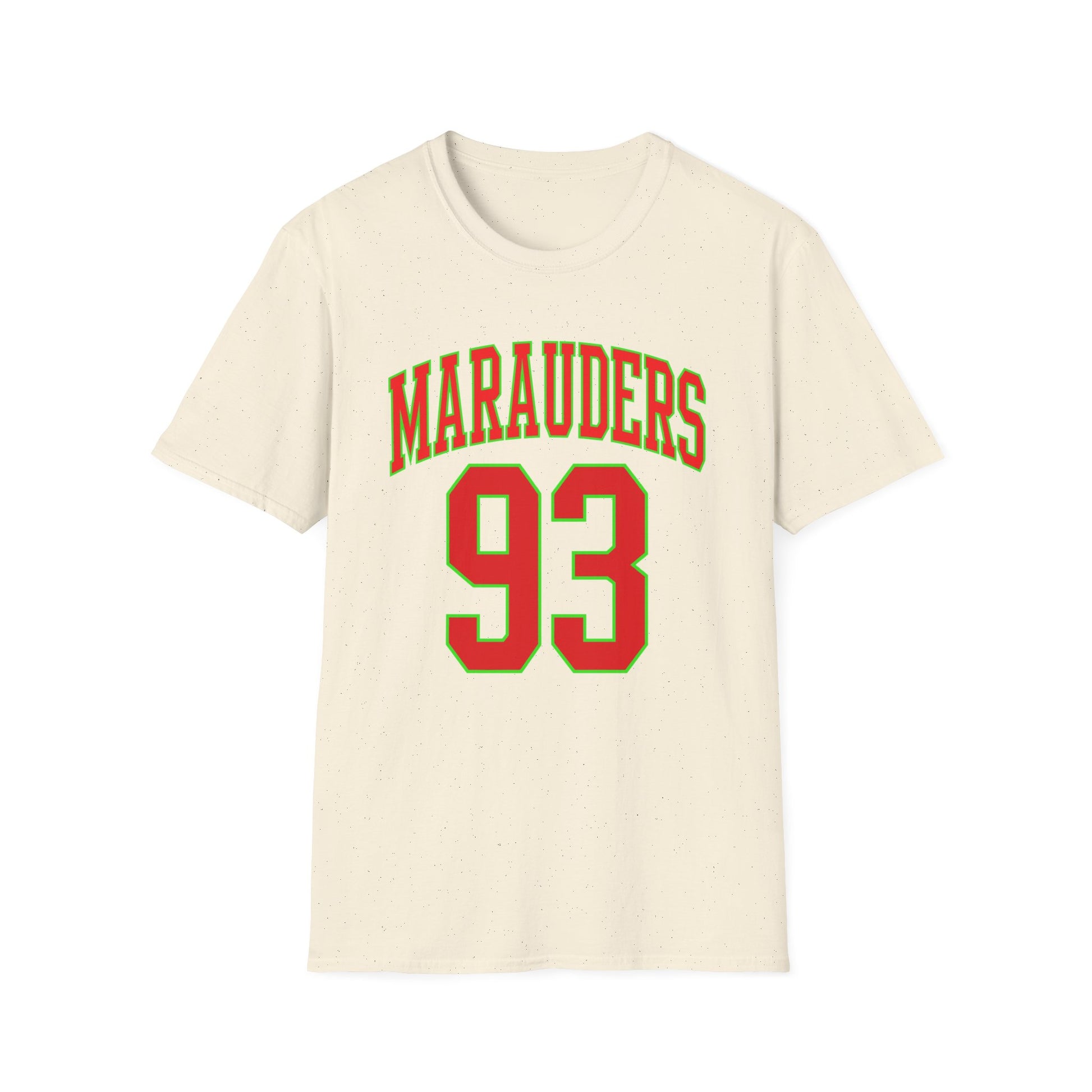 Cream t-shirt with red and green "Marauders 93" text.