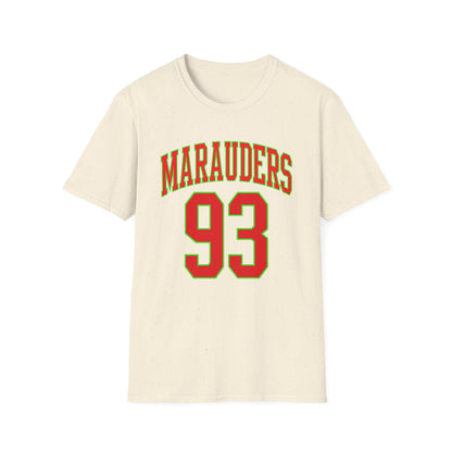 Cream t-shirt with red and green "Marauders 93" text.