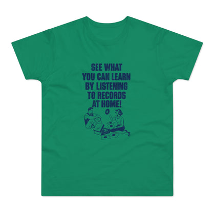 Green t-shirt with blue text and illustration of a couple listening to records.