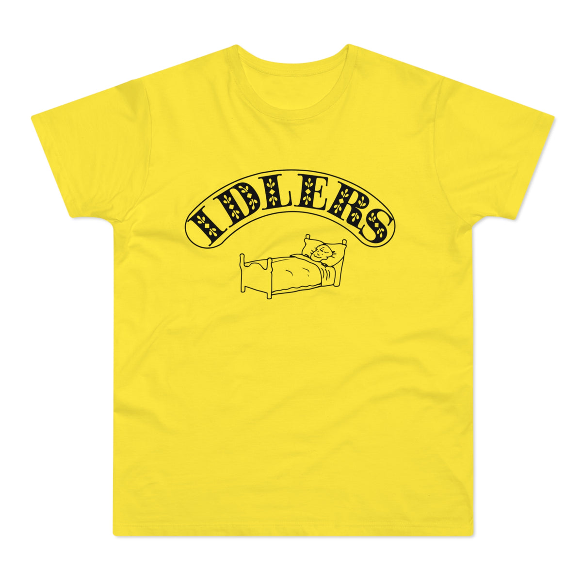 Yellow t-shirt with black graphic of a person in bed and the text "FIDDLERS".