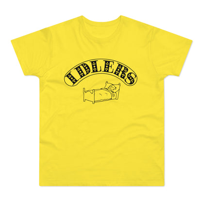 Yellow t-shirt with black graphic of a person in bed and the text "FIDDLERS".