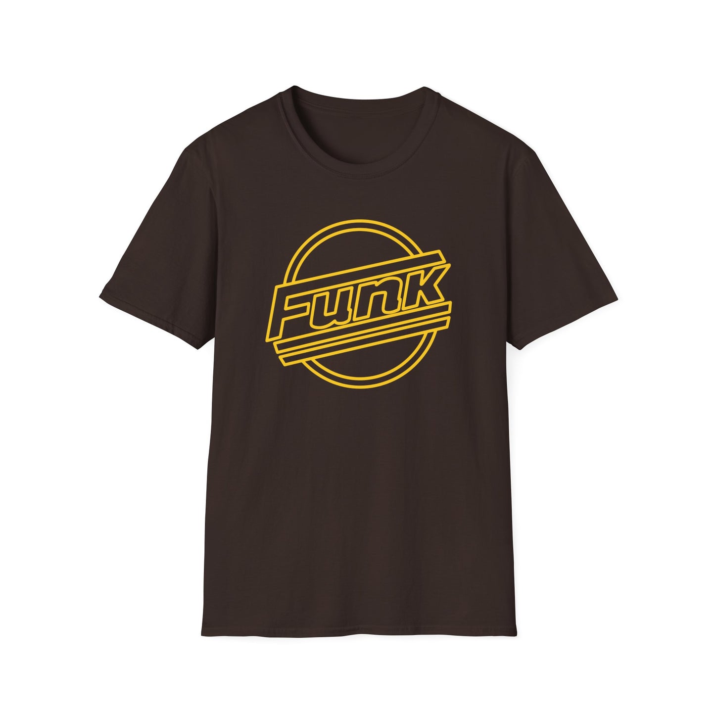 Brown t-shirt with yellow outline of circle and "funk" text logo.