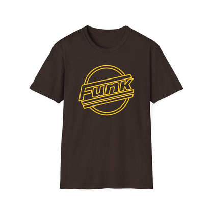Brown t-shirt with yellow outline of circle and "funk" text logo.