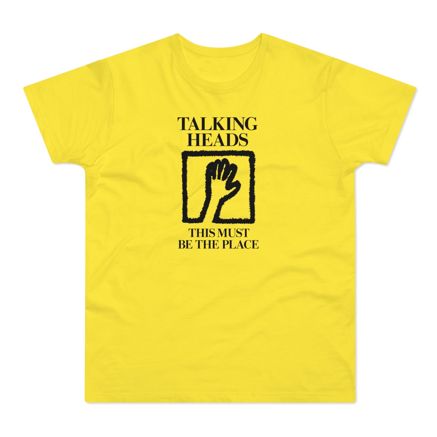 Yellow t-shirt with "Talking Heads" and framed hand motif.