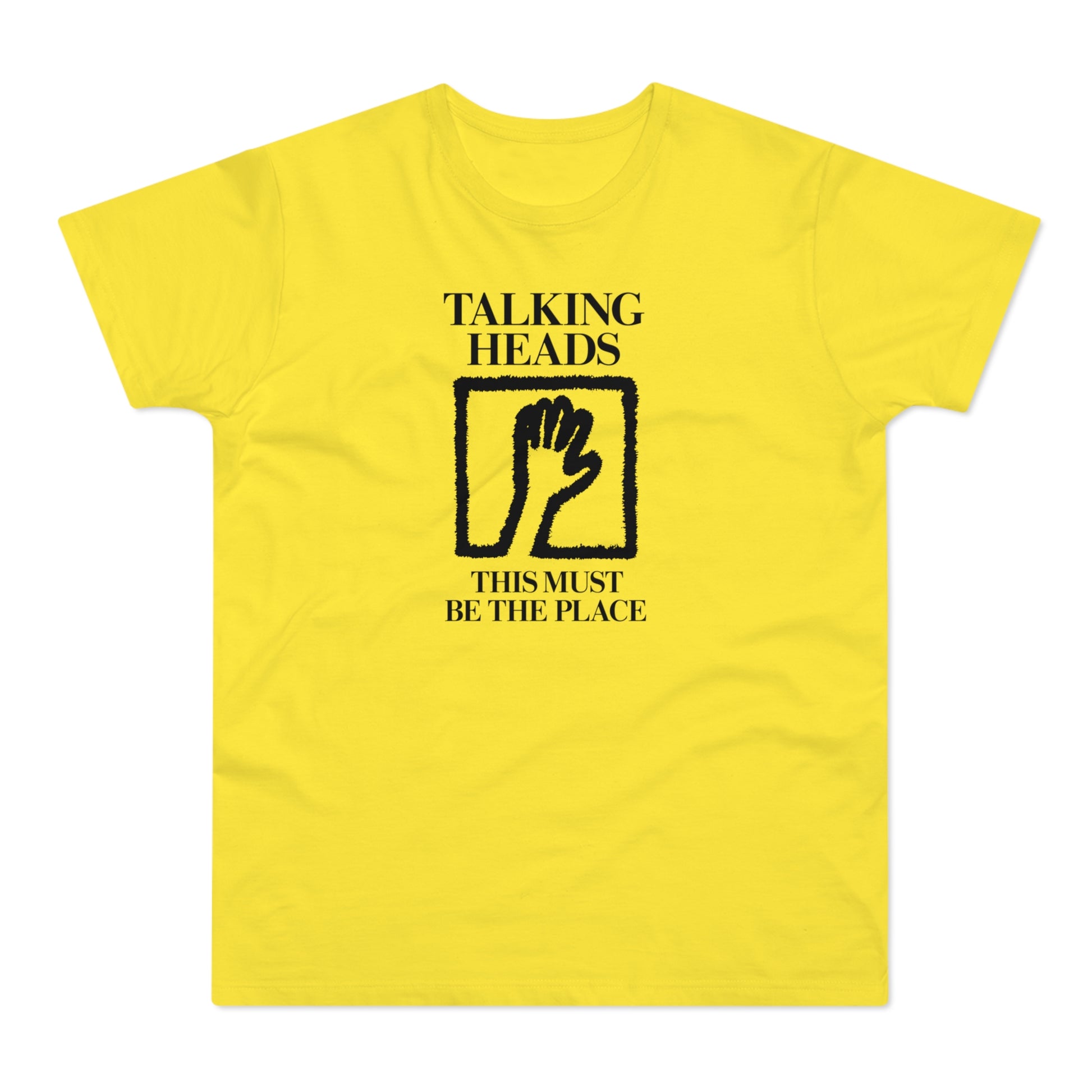 Yellow t-shirt with "Talking Heads" and framed hand motif.