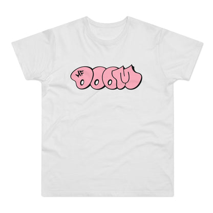 White t-shirt with pink graffiti-style text "MF DOOM" on front.