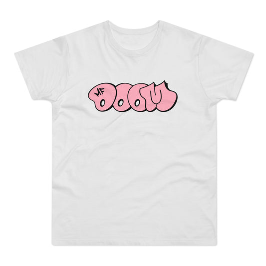 White t-shirt with pink graffiti-style text "MF DOOM" on front.