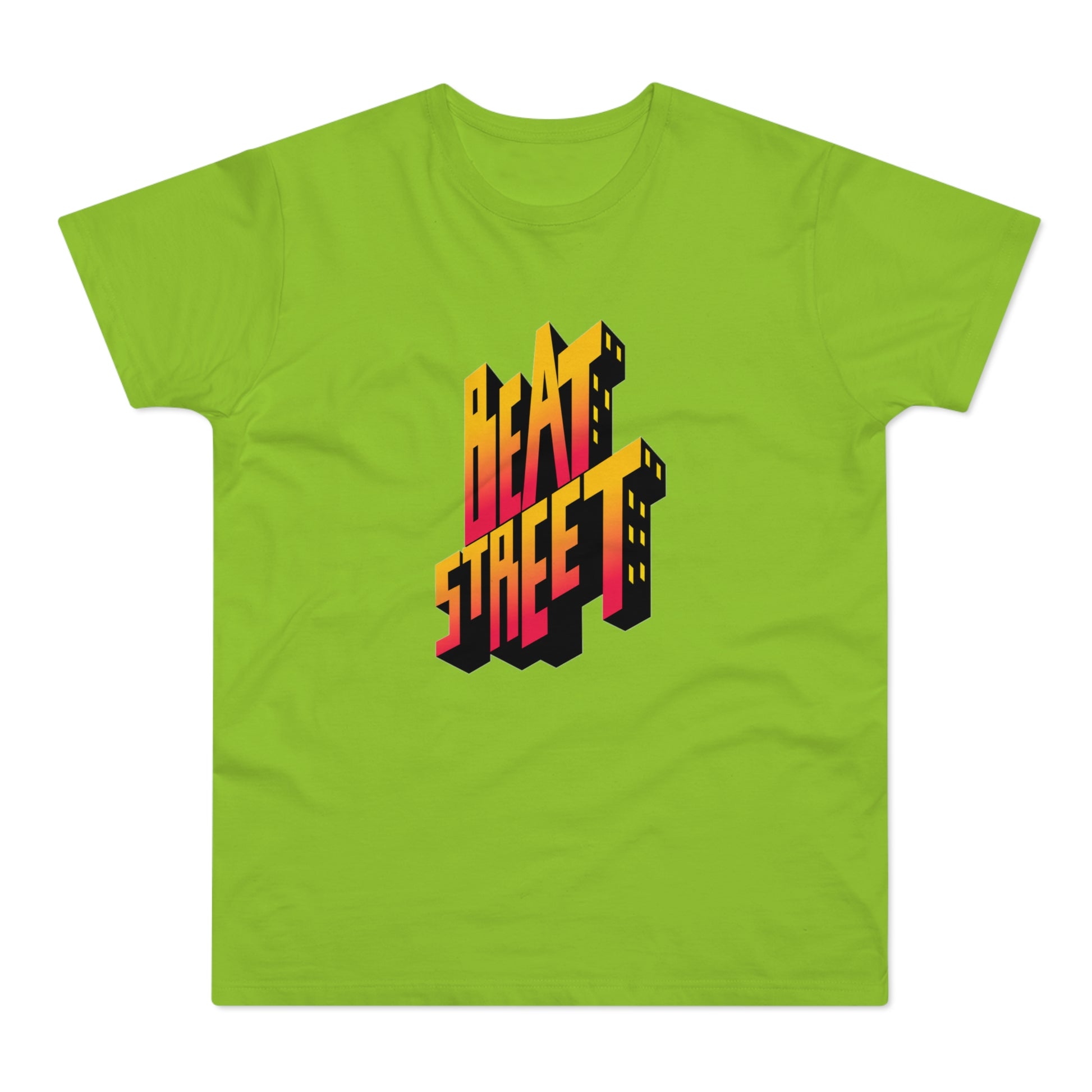 Green t-shirt with 3D text "BEAT STREET" with a sunset gradient.