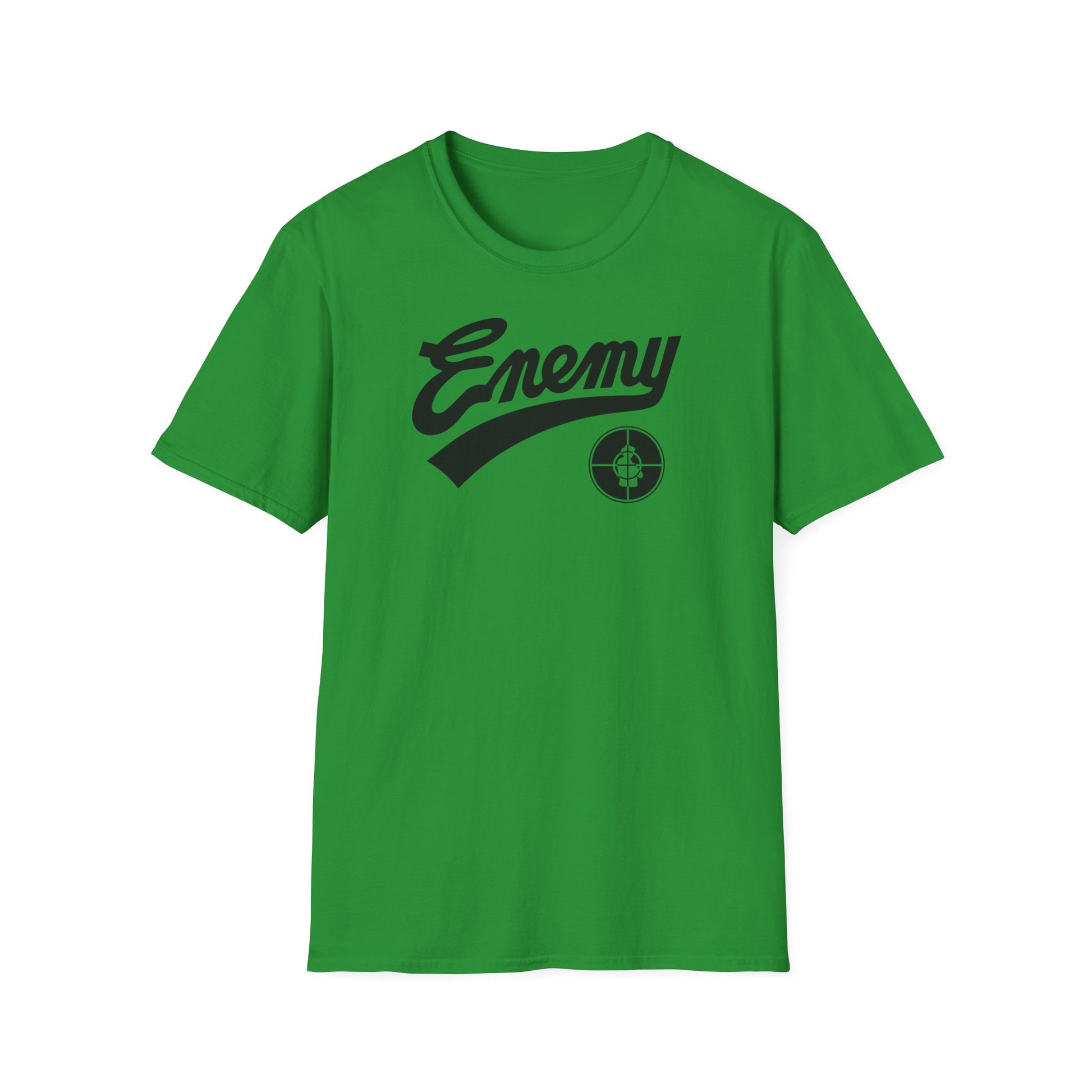 Green t-shirt with black "Enemy" text and a concentric circle target logo.