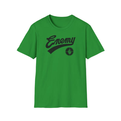 Green t-shirt with black "Enemy" text and a concentric circle target logo.