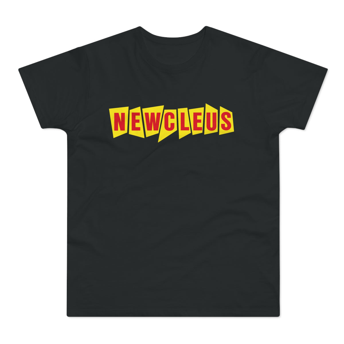 Black t-shirt with red and yellow "NEWCLEUS" text in a stylized font.