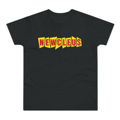Black t-shirt with red and yellow "NEWCLEUS" text in a stylized font.