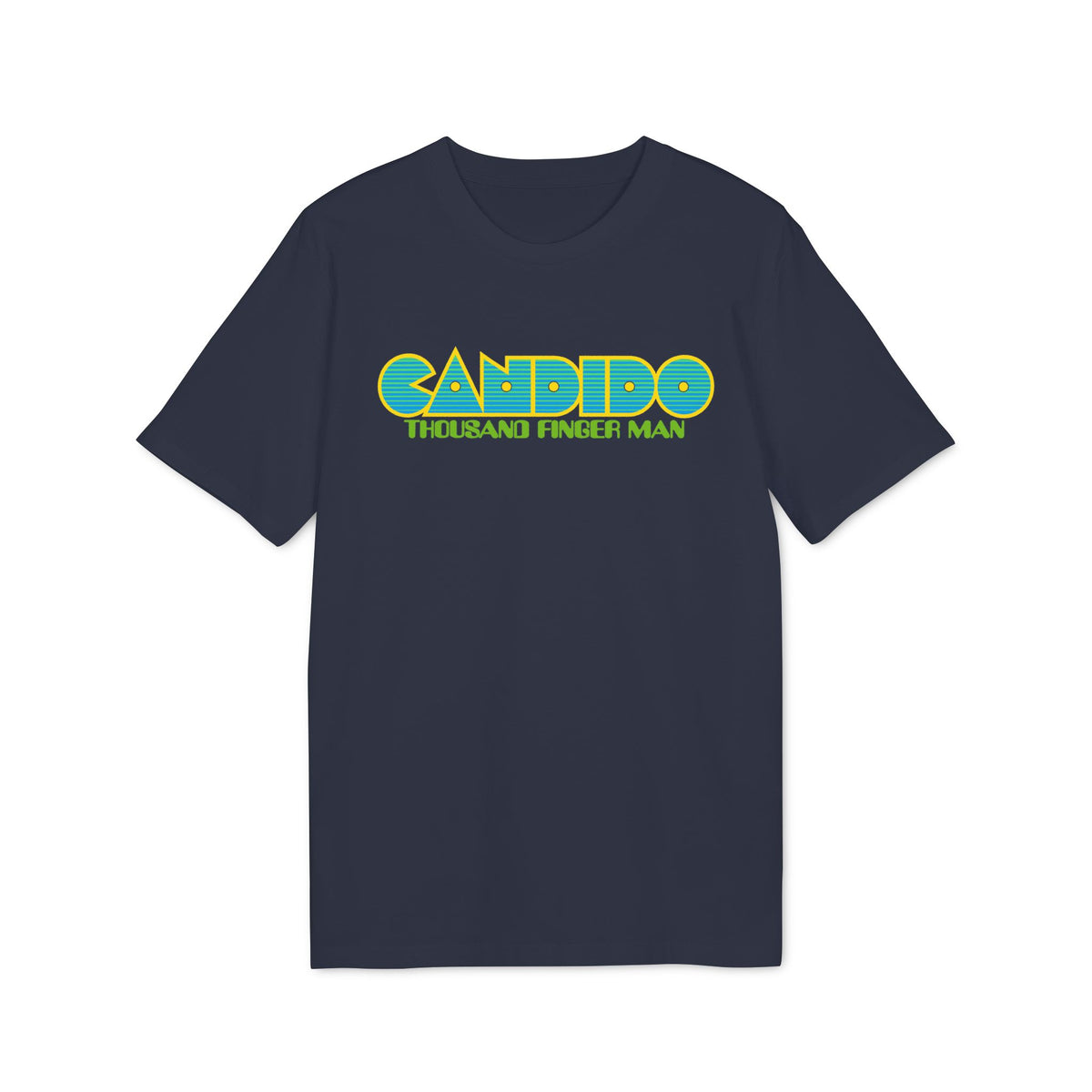 A dark blue short-sleeved t-shirt featuring the yellow and blue text CANDIDO THOUSAND FINGER MAN centered on the chest.