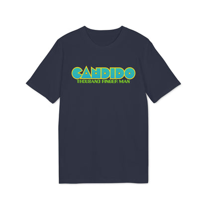 A dark blue short-sleeved t-shirt featuring the yellow and blue text CANDIDO THOUSAND FINGER MAN centered on the chest.