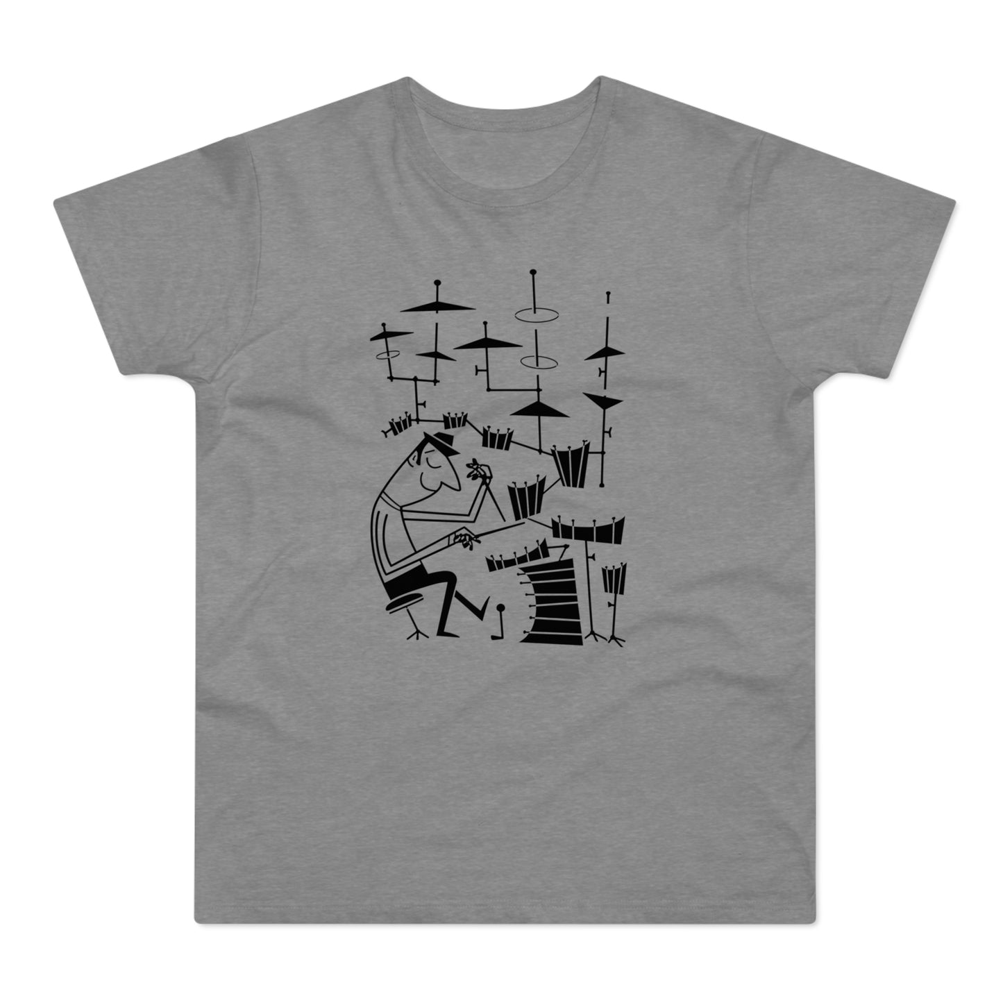 Black line drawing of a drummer with a drum set on a grey t-shirt.