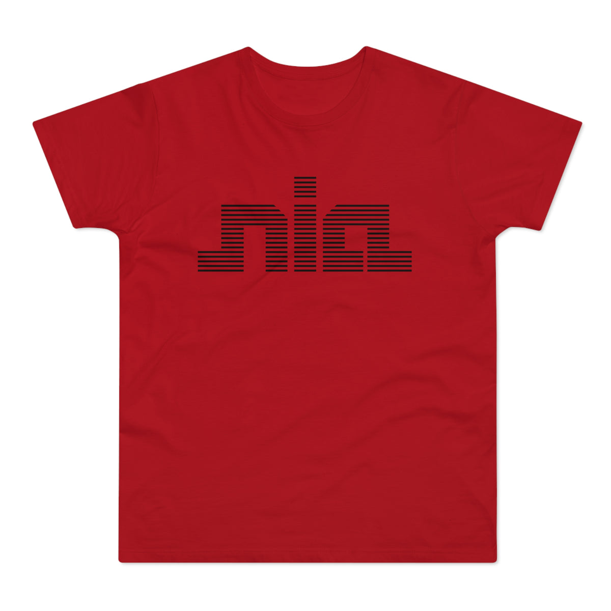 Red t-shirt with black horizontal striped "nia" logo on the chest.