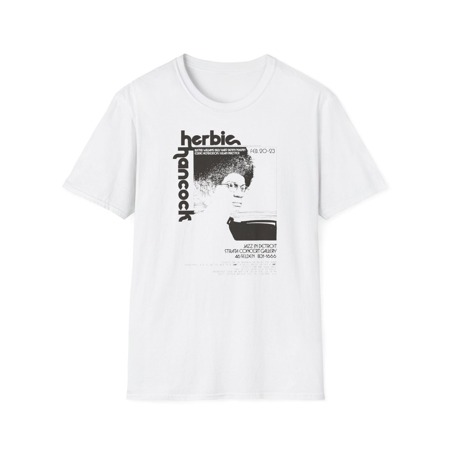 White t-shirt with Herbie Hancock jazz concert poster graphic.