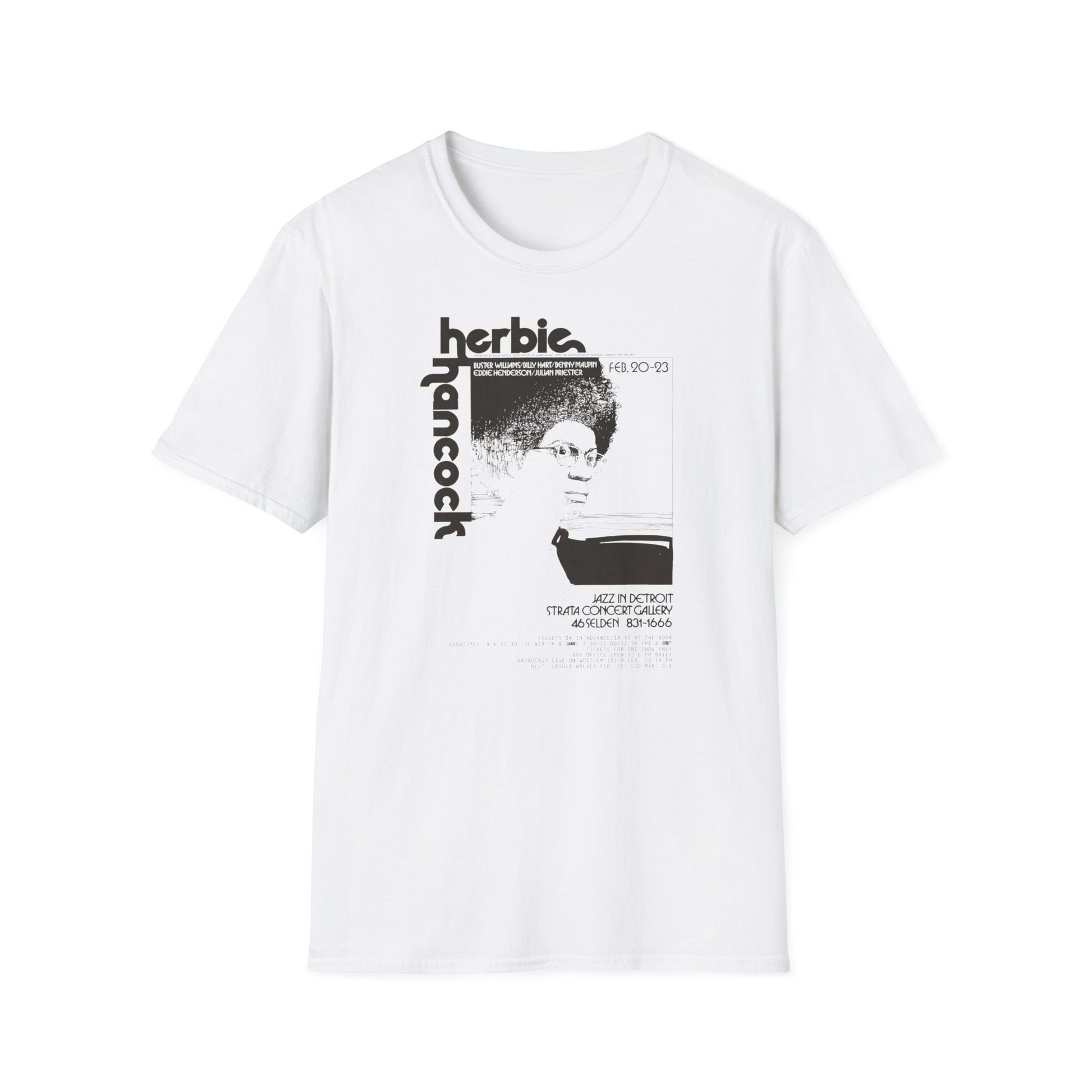 White t-shirt with Herbie Hancock jazz concert poster graphic.