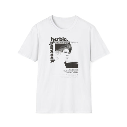 White t-shirt with Herbie Hancock jazz concert poster graphic.