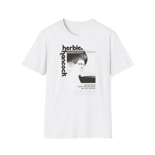White t-shirt with Herbie Hancock jazz concert poster graphic.