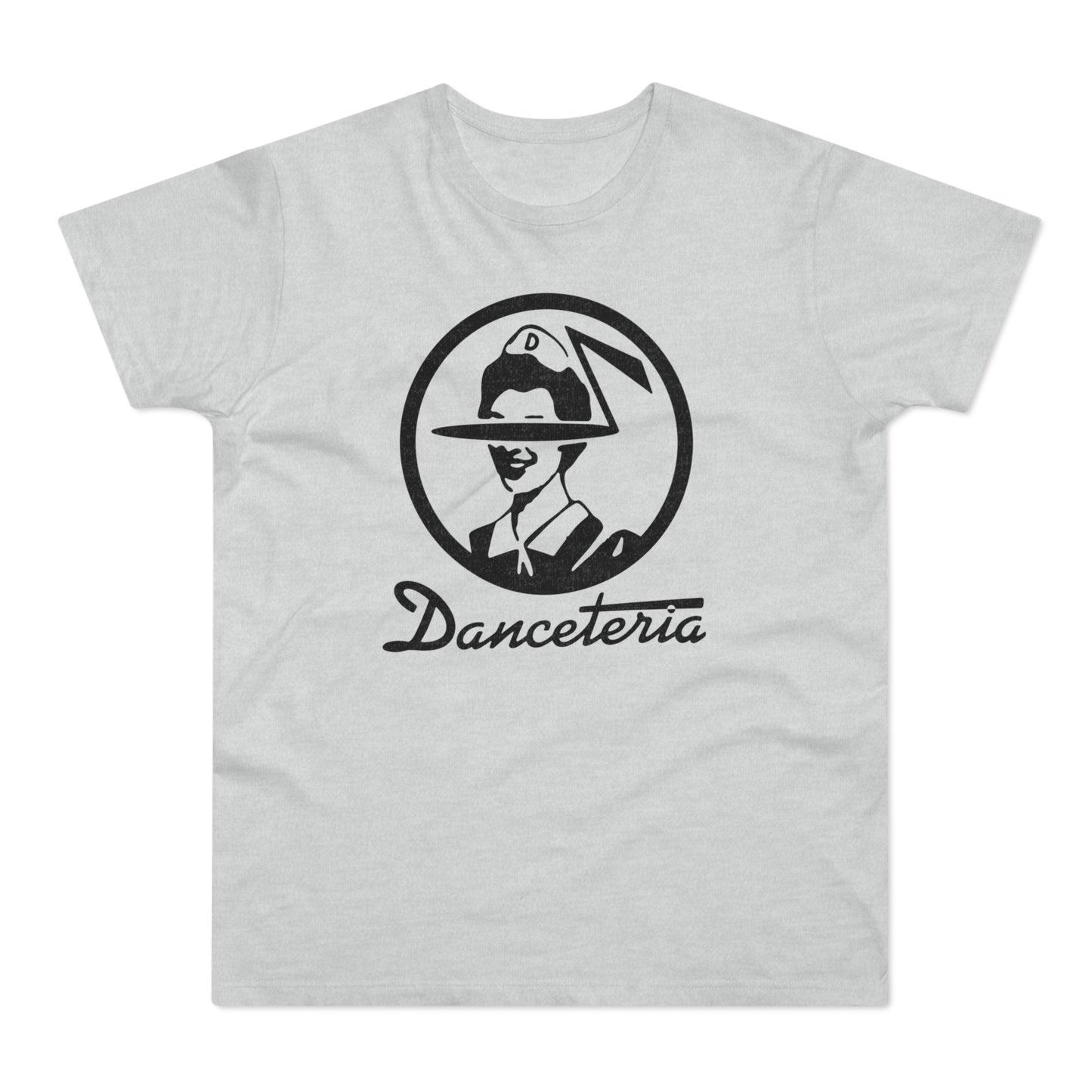 Light grey t-shirt with black "Danceteria" text and circular logo.