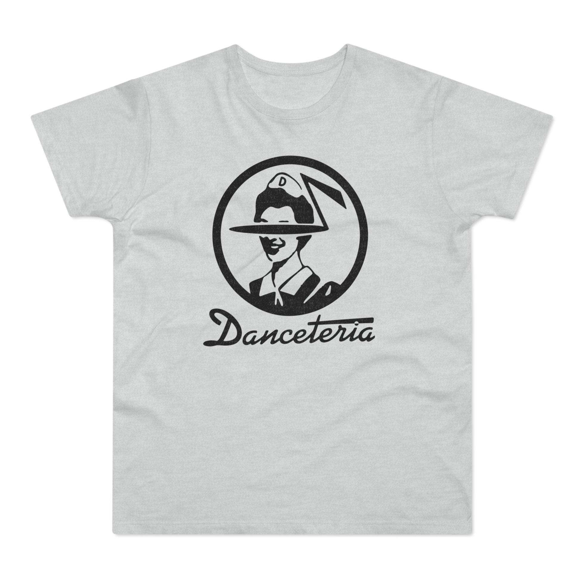 Light grey t-shirt with black "Danceteria" text and circular logo.