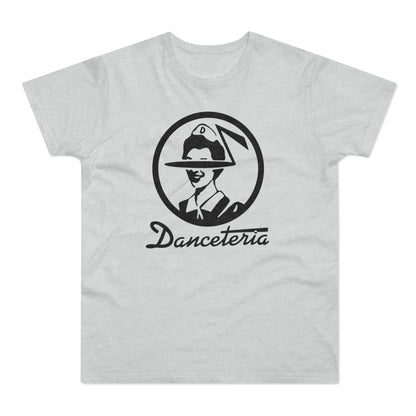 Light grey t-shirt with black "Danceteria" text and circular logo.