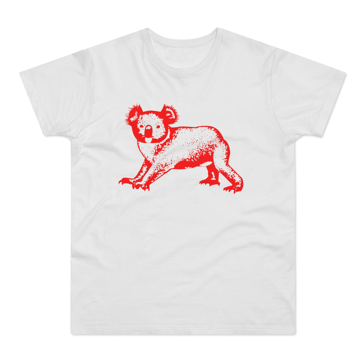 White t-shirt with a red speckled koala graphic.