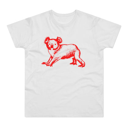 White t-shirt with a red speckled koala graphic.