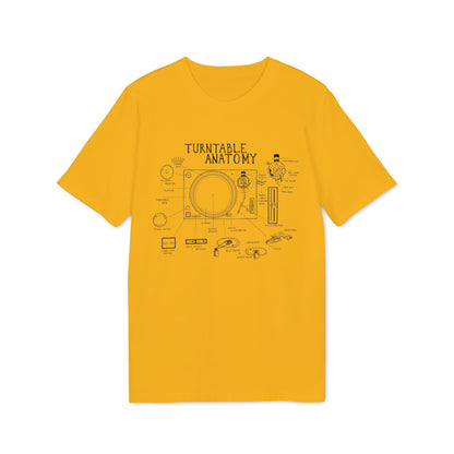 Yellow t-shirt with diagram and text labels explaining turntable anatomy.