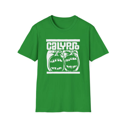 Green t-shirt with white CALYPSO logo and two screaming faces graphic.